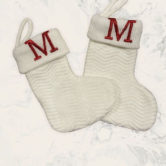 NWOT 2 Christmas Knit Mini Stocking Monogram Letter "M" - Size 7"- White/Red - Picture 1 of 4